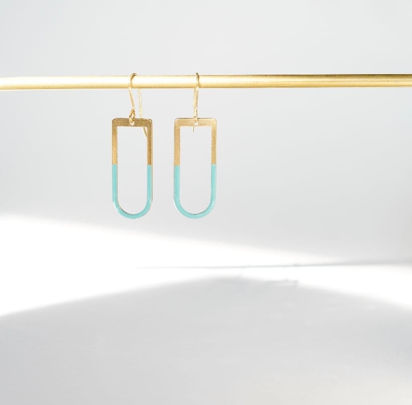 Geometric Turquoise Enamel and Brass Drop Earrings