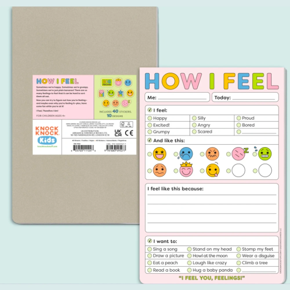 How I feel notepad with sticker sheet, front and back view